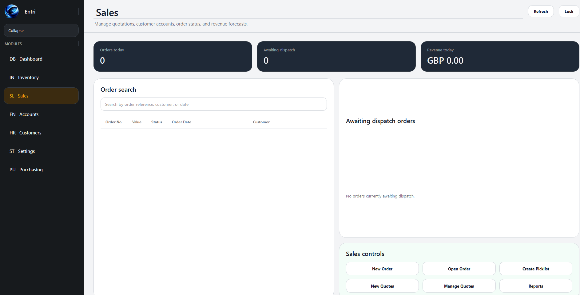 Screenshot of the Entri ERP dashboard